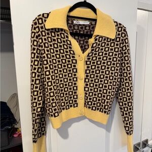 Zara Yellow and Brown Checkered Cardigan